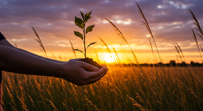 Protecting Our Planet Hands Holding a Sapling at Sunset
