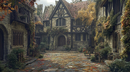 Obraz premium picturesque medieval village with stone buildings, cobblestone streets, and vibrant autumn