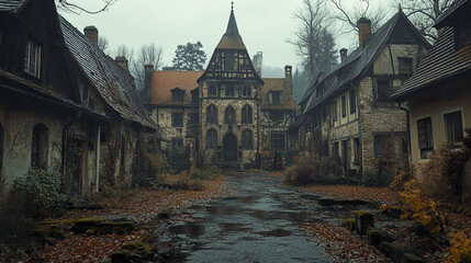 Abandoned medieval architecture in misty, eerie setting evokes sense of mystery and nostalgia