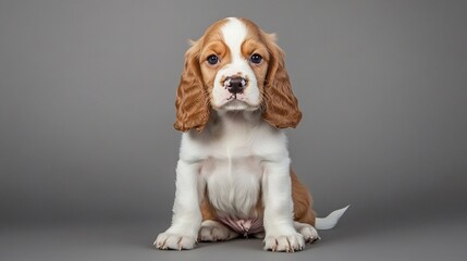 Cute cocker spaniel puppy white brown fur sitting obediently looking directly camera with expressive eyes soft fur and wagging tail in a pet studio portrait cut out on isolated transparent background