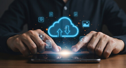 A person using a smartphone with a cloud computing interface and icons floating above the screen area business.selling ,purchasing,agreement 