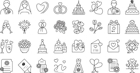 Wedding icons: A collection of line art illustrations for wedding celebrations