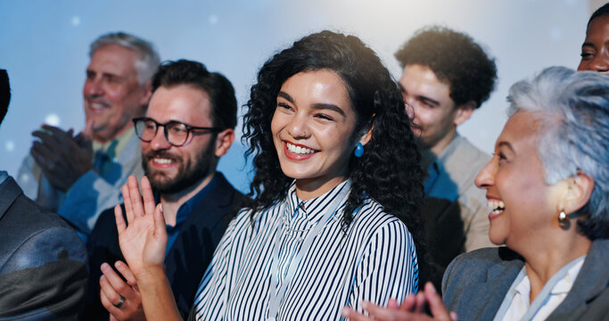 Applause, seminar and business people with meeting in office with good news or achievement. Happy, cheering and employees clapping hands for woman with congratulations for job promotion in workplace.