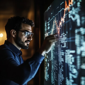 Businessman points at Decentralized Finance (DeFi) as a revolutionary approach to financial services that eliminates intermediaries for peer-to-peer transactions directly on blockchain networks.