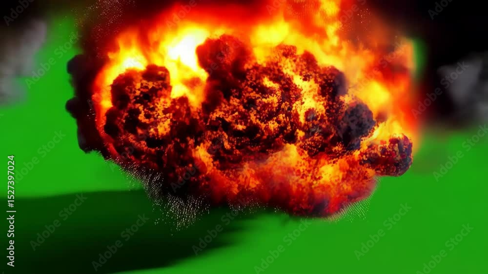 Poster dynamic fiery explosion with billowing smoke clouds against a vivid green screen for compositing and