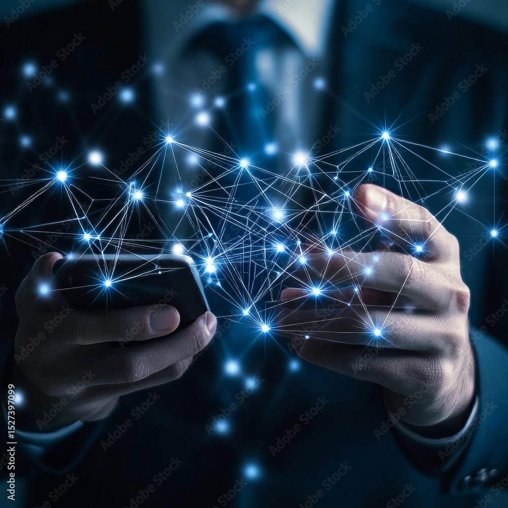 Poster businessman using mobile devices to interact with blockchain technology, global network connectivity