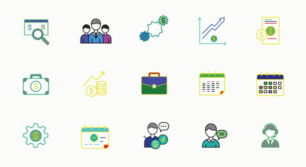 A set of minimalist icons for a modern business website, featuring clean lines and flat colors