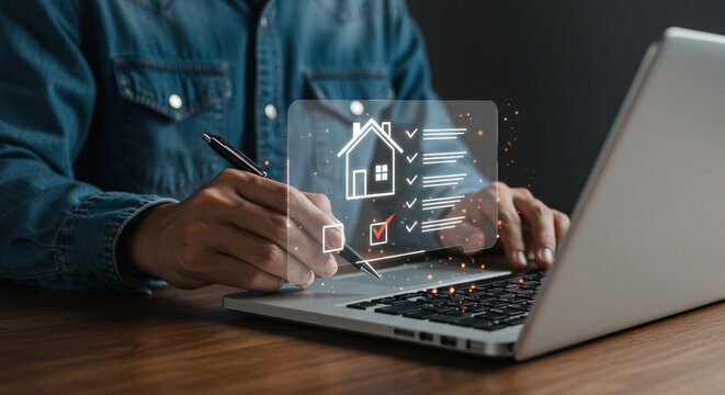 Person using laptop to complete a home inspection checklist with a pen and digital interface overlay business.selling ,purchasing,agreement 