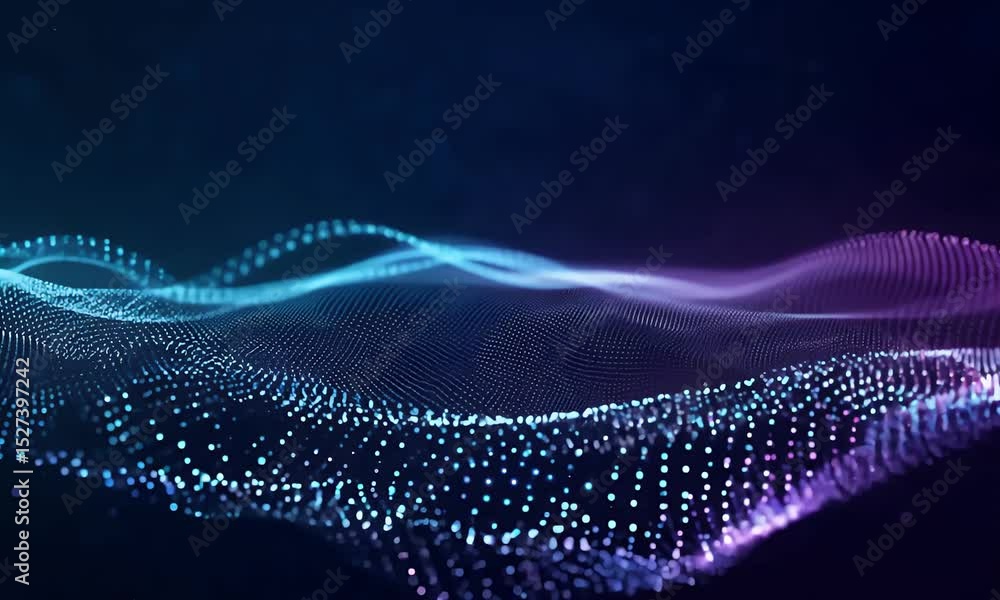 Aufkleber abstract digital wave with glowing particles flowing across a dark gradient background.