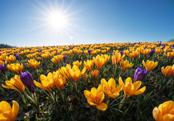 Obraz premium Crocuses bloom beautifully under the sun showcasing yellow and purple colors in a field