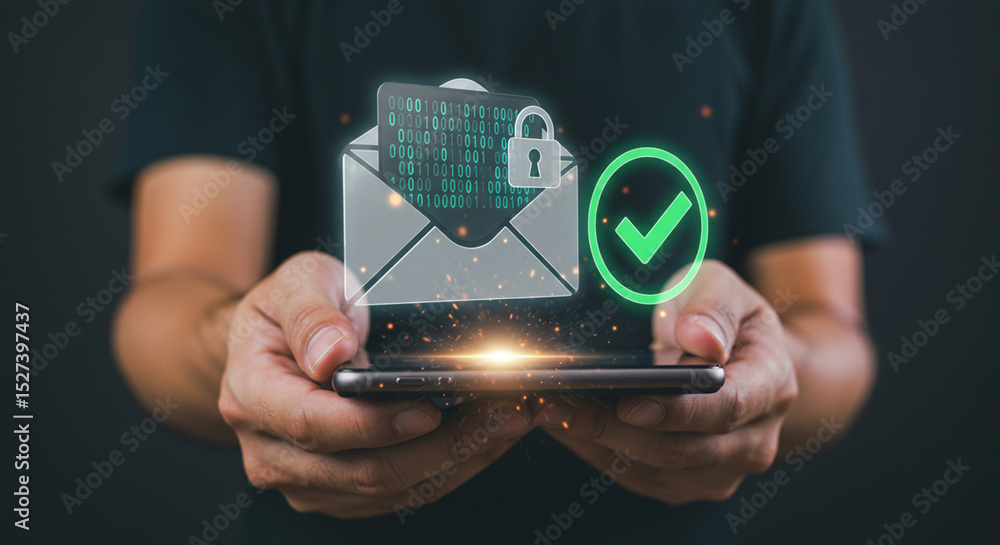 Poster person holding a phone with a secure email icon and a green check mark floating above the screen bus