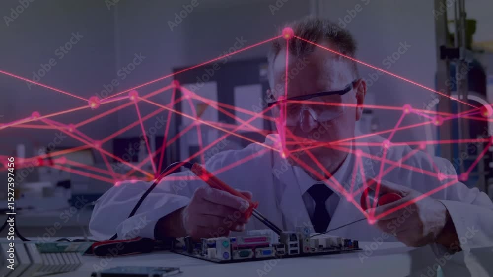 Poster senior engineer placing red and black probes on board testing circuit and animating network overlay
