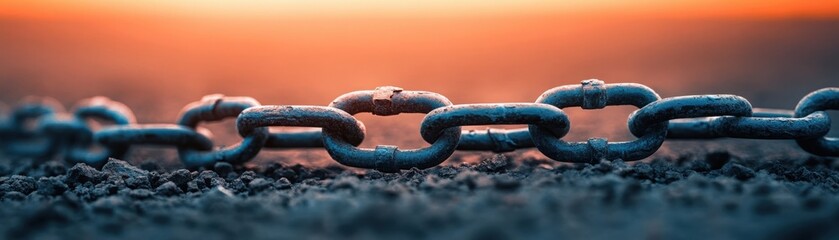 A metal chain lies on rough ground, captured in close-up with a warm, blurred sunset in the background.