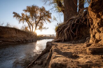 Exposed Roots of a Dead Tree along a Dry Riverbank at Sunset in a Natural Landscape