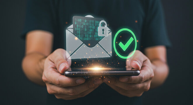 Person holding a phone with a secure email icon and a green check mark floating above the screen business.selling ,purchasing,agreement 