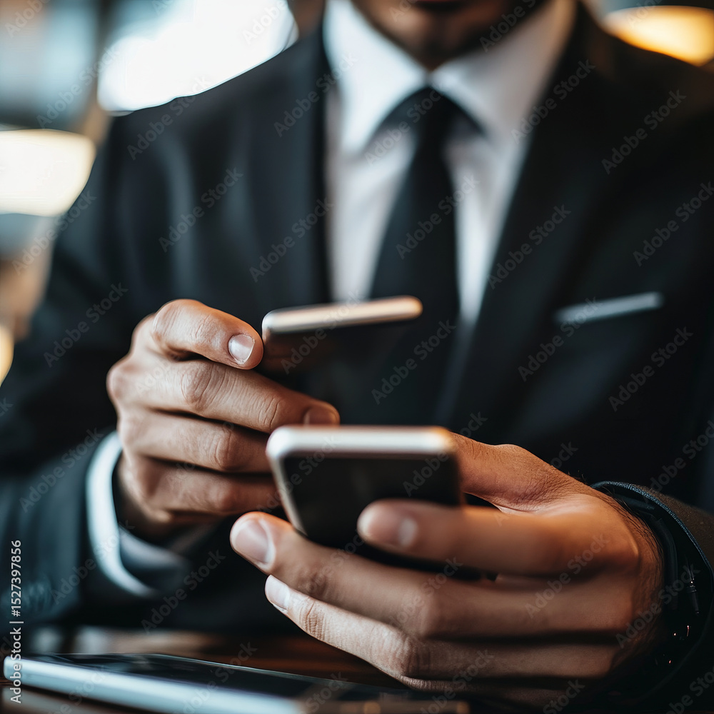 Poster businessman using mobile device to interact with telecommunications network infrastructure, global n