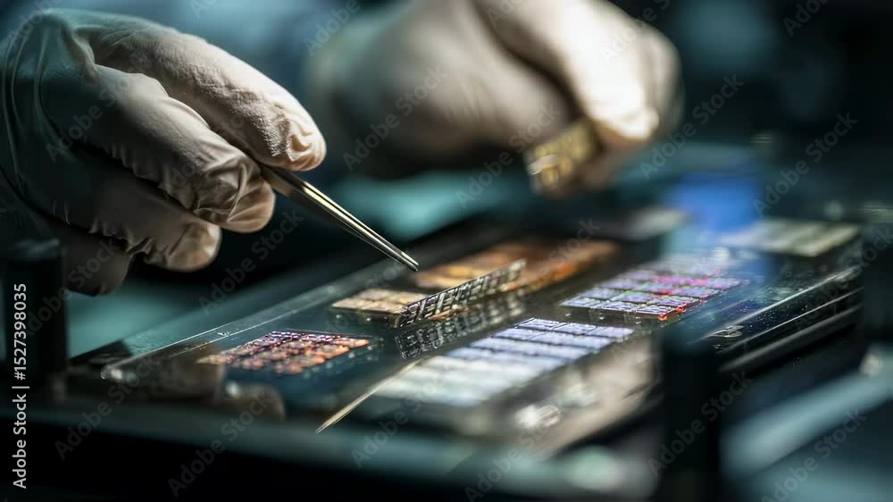 Poster gloved scientist carefully positions a microchip onto a circuit board using precision tweezers. high