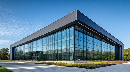 Obraz premium Close-Up of a Graphite-Finished Office Building with Large Reflective Windows and a Blue Sky Backdrop