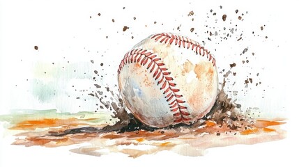 A baseball splashes into the dirt, painted in a lively watercolor style with colorful details and motion.