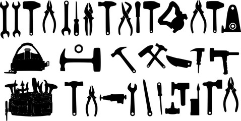 a set of black silhouettes of tools and tools for construction, tools, tool, tool belt, vector