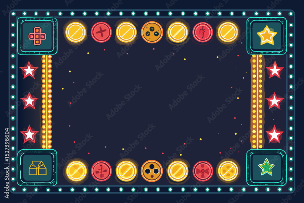 Poster create a pixel art border in retro style, featuring glowing corners, suitable for game ui or website