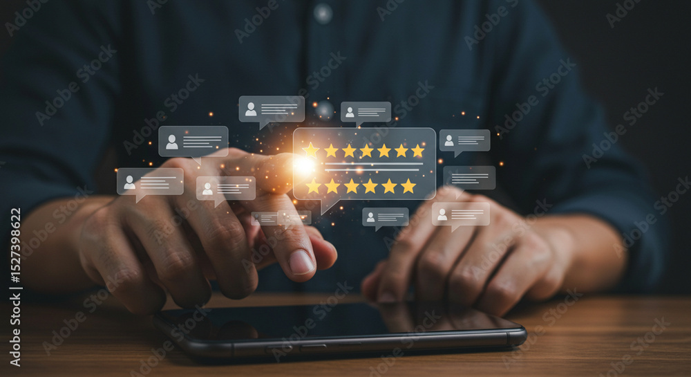 Poster person interacting with a digital interface showing star ratings and message icons on a mobile devic