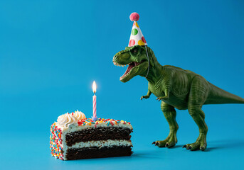Dinosaur celebrates near cake with candle against blue backdrop It is a fun birthday