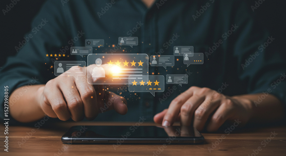 Poster a person using a tablet with glowing customer review icons and stars floating above the screen displ