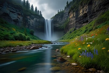 Waterfall in the middle of rock cliff middle of forest and flowers grass field