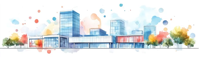 Photo sur Plexiglas Modern cityscape with tall buildings, colorful trees, and artistic watercolor splashes in the background.
