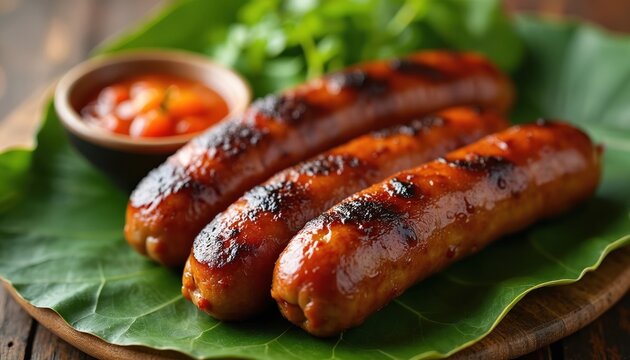 Grilled Filipino longganisa sausages served on banana leaf. Savory and sweet flavor with dipping sauce. Traditional cuisine, aromatic, flavorful meat dish. Perfect for culinary projects, food tech.
