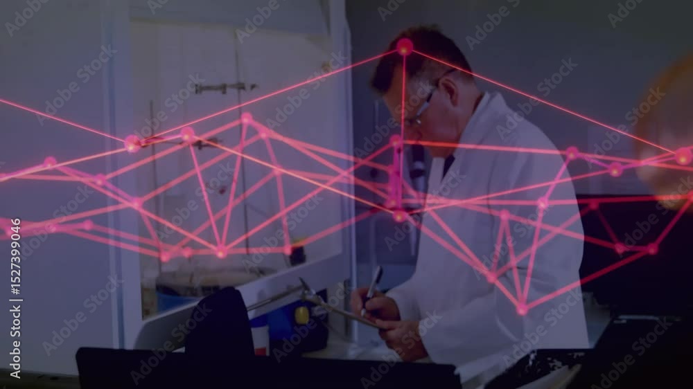 Poster senior scientist inspecting coil using meter for tech test with pulsing red network beside gauges