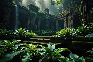 Historic castle in the middle of jungle with small waterfall