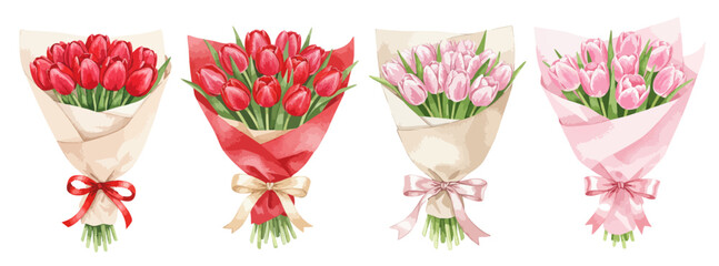 赤色とピンク色のチューリップの様々な花束がリボンでラッピングされた水彩風のイラストセット記念日のプレゼント