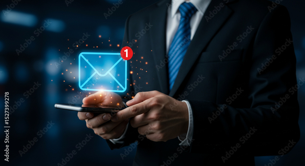 Poster man in suit holding phone with email notification icon and message bubble with number one overlayed 