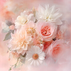 Delicate floral arrangement studio setting digital art soft pastel colors close-up view whimsical design