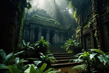 Historic castle in the middle of jungle with small waterfall