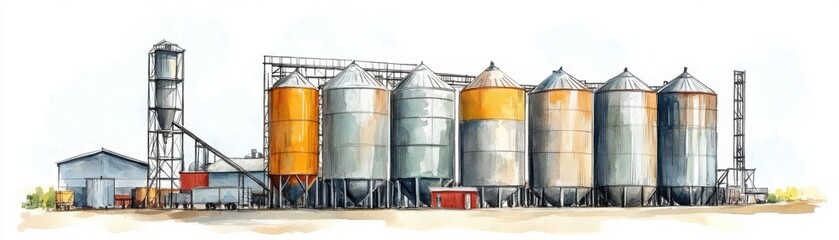 Obraz premium A row of large grain silos and industrial buildings, illustrated in watercolor style, used for agricultural storage.