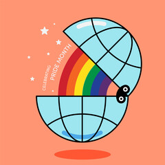 LGBTQ Pride month and diversity concept background. Rainbow flag stripe inside minimal globe