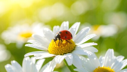Obraz premium Ladybug on White Daisy in Sunny Meadow