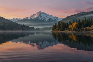 scenery of lake and snow mountain in sunset time