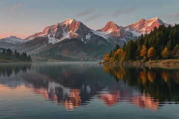 scenery of lake and snow mountain in sunset time