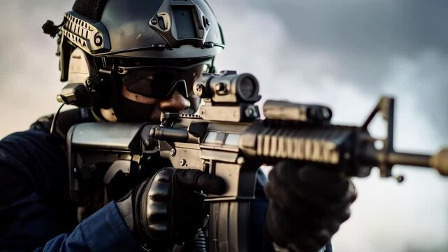 Fully equipped soldier aims assault rifle with scope. Tactical unit member in helmet, gloves, aiming weapon, focusing on the target during mission.