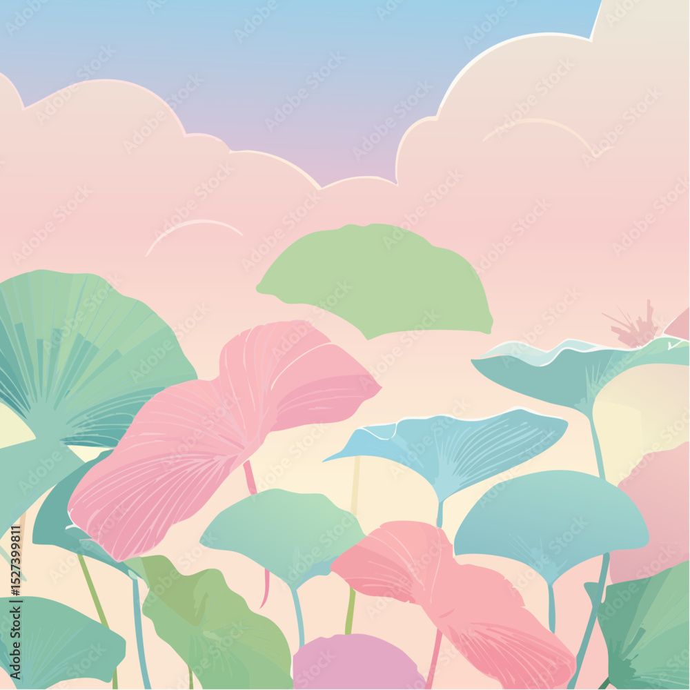 Poster pastel illustration of stylized lotus leaves and blooms in a tranquil scene with soft clouds and a g