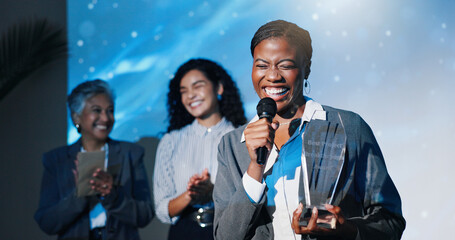 Obraz na płótnie Canvas Woman, award and reward speech with smile at seminar for business success or nomination. Happy, acceptance message or speaker with pride for announcement, trophy or congratulations at ceremony