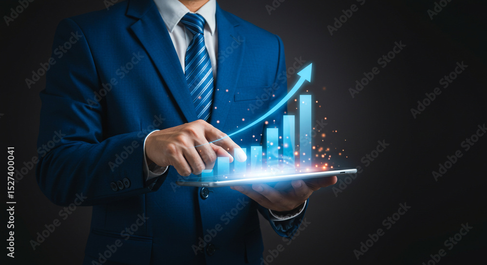 Poster a businessman interacting with a digital growth chart on a tablet in a dark environment setting busi