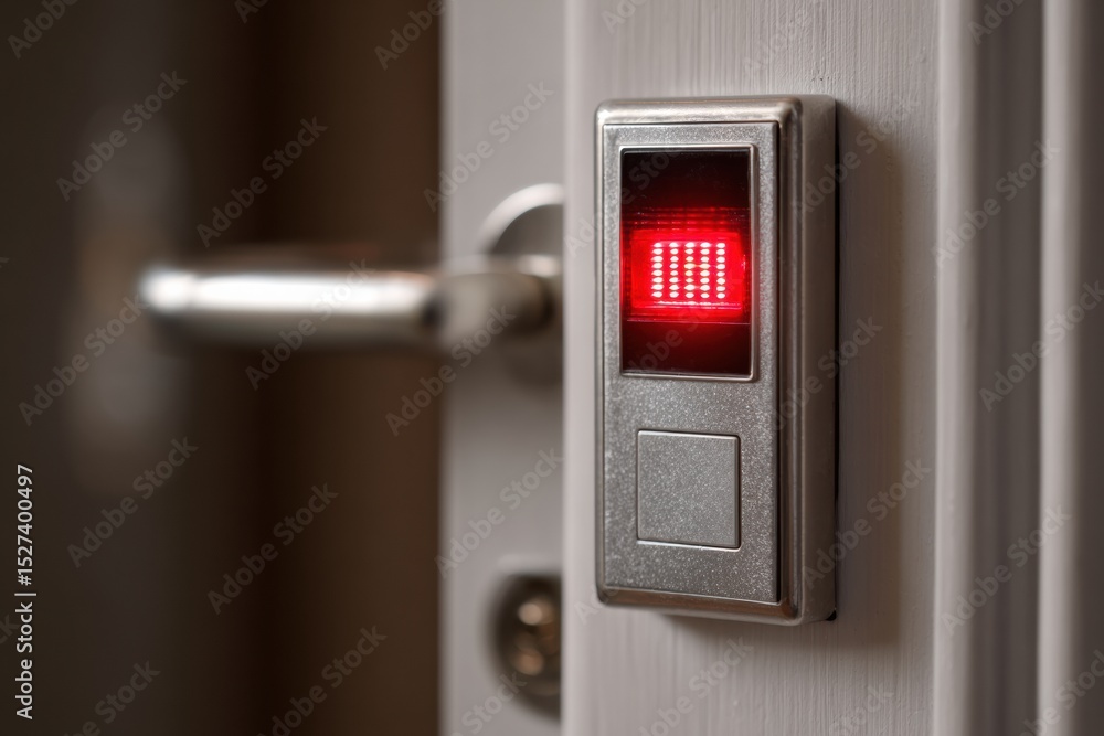 Poster digital lock system showing red access denied alert with a clear view of the door handle on the left