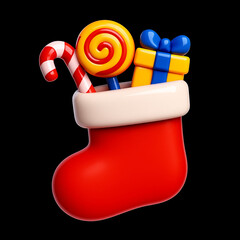 3D Christmas Stocking Filled with Candy Cane, Lollipop, and Gift Box, Festive Holiday Decoration Icon
