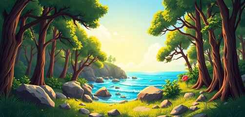 Sunny summer cartoon forest meets ocean Deciduous trees, rocks, grass, sunlight on ground  Vector illustration, drawing, vector