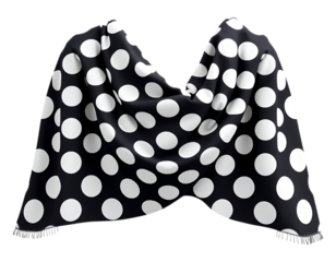 Elegant black scarf with white polka dots, draped textile on transparent backdrop.